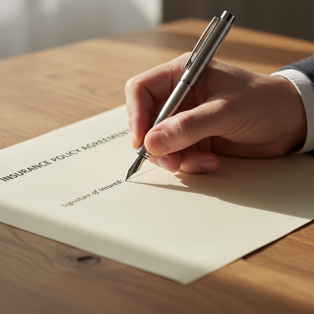 Hand signing an insurance document on a wooden desk
