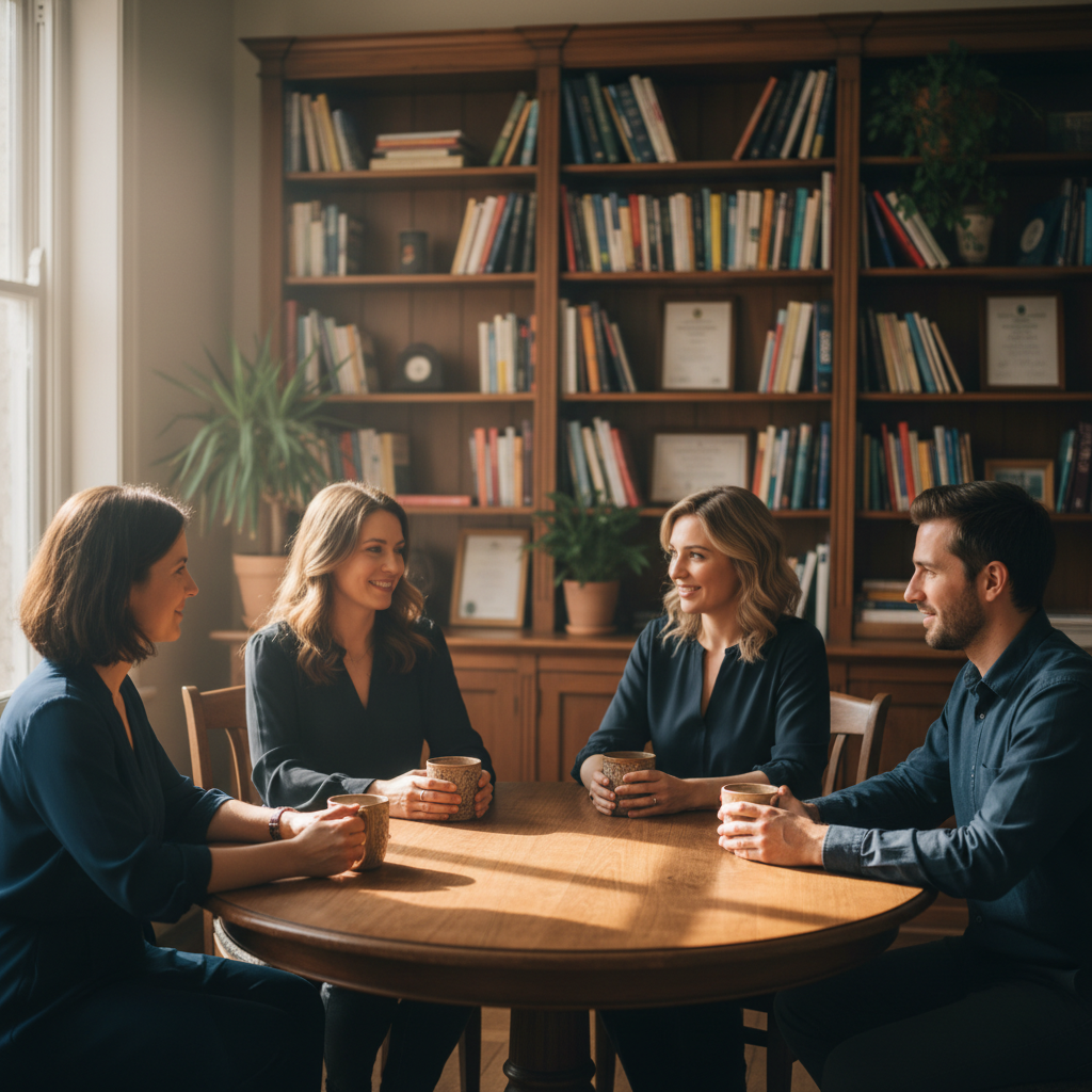 Small group of people seated in a circle in a bright, welcoming therapy space with natural light