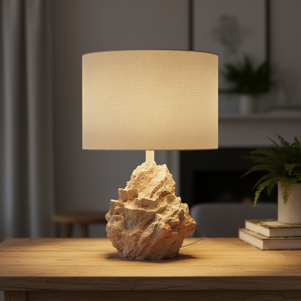 Slender white ceramic table lamp with natural linen shade on oak surface