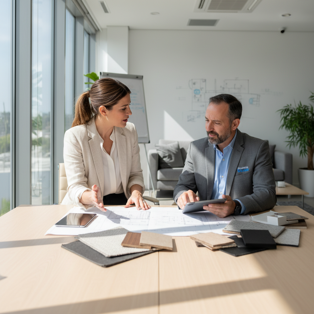 Construction project management with blueprints and planning materials in a professional office
