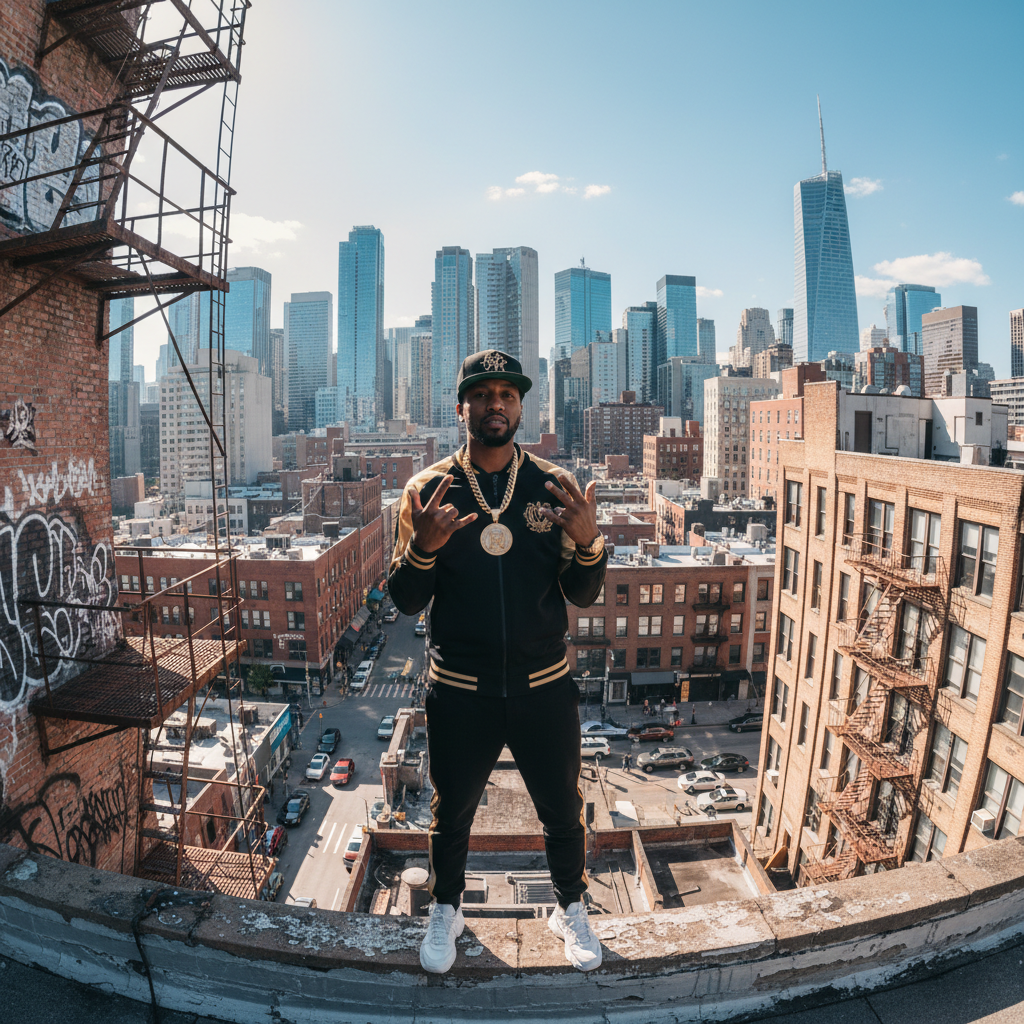 Veteran rapper in dark urban setting with moody lighting, deep contrast and atmospheric shadows