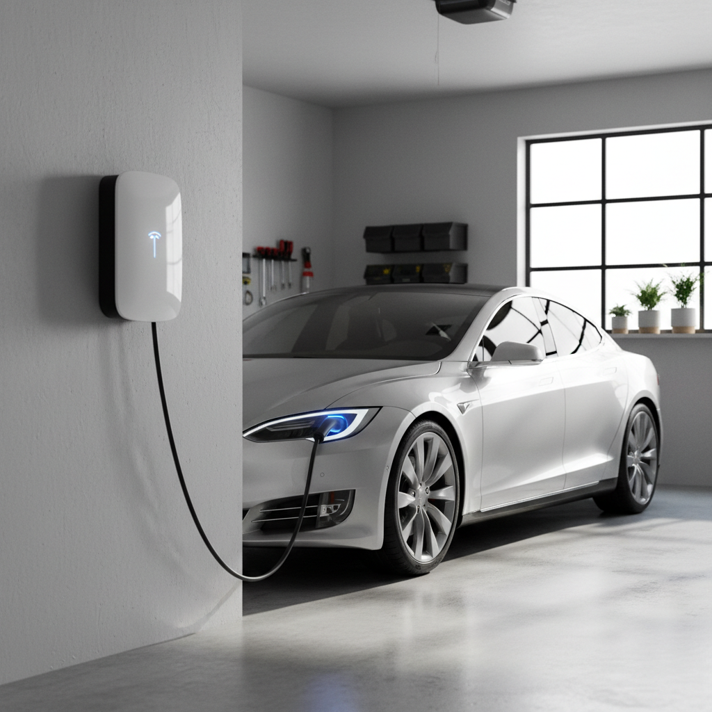Home garage with Level 2 EV charger mounted on wall, electric vehicle plugged in overnight, clean modern garage interior with good lighting