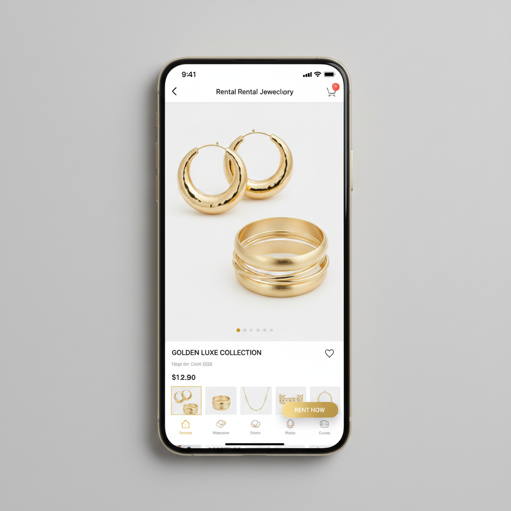 Adorn mobile app showing rental jewelry collection with gold hoops and bangles