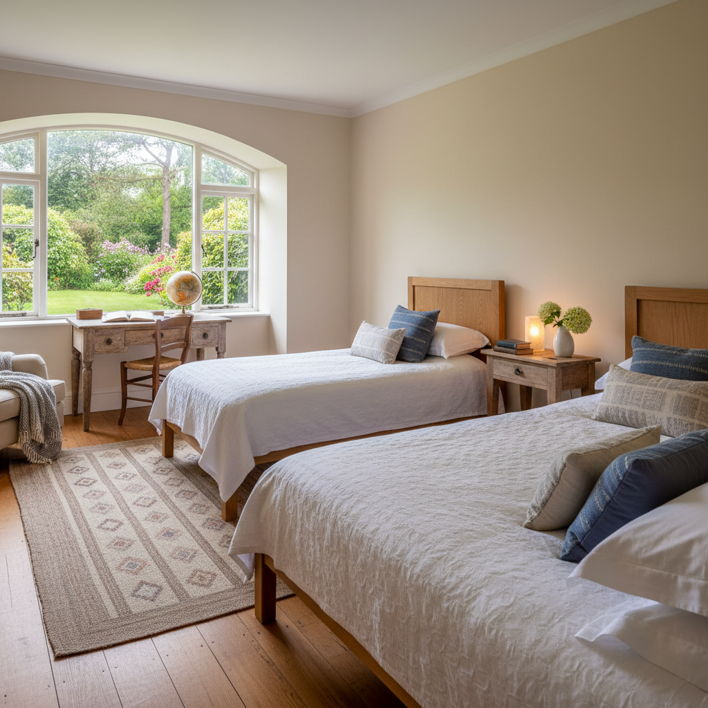 Second bedroom with twin beds and storage