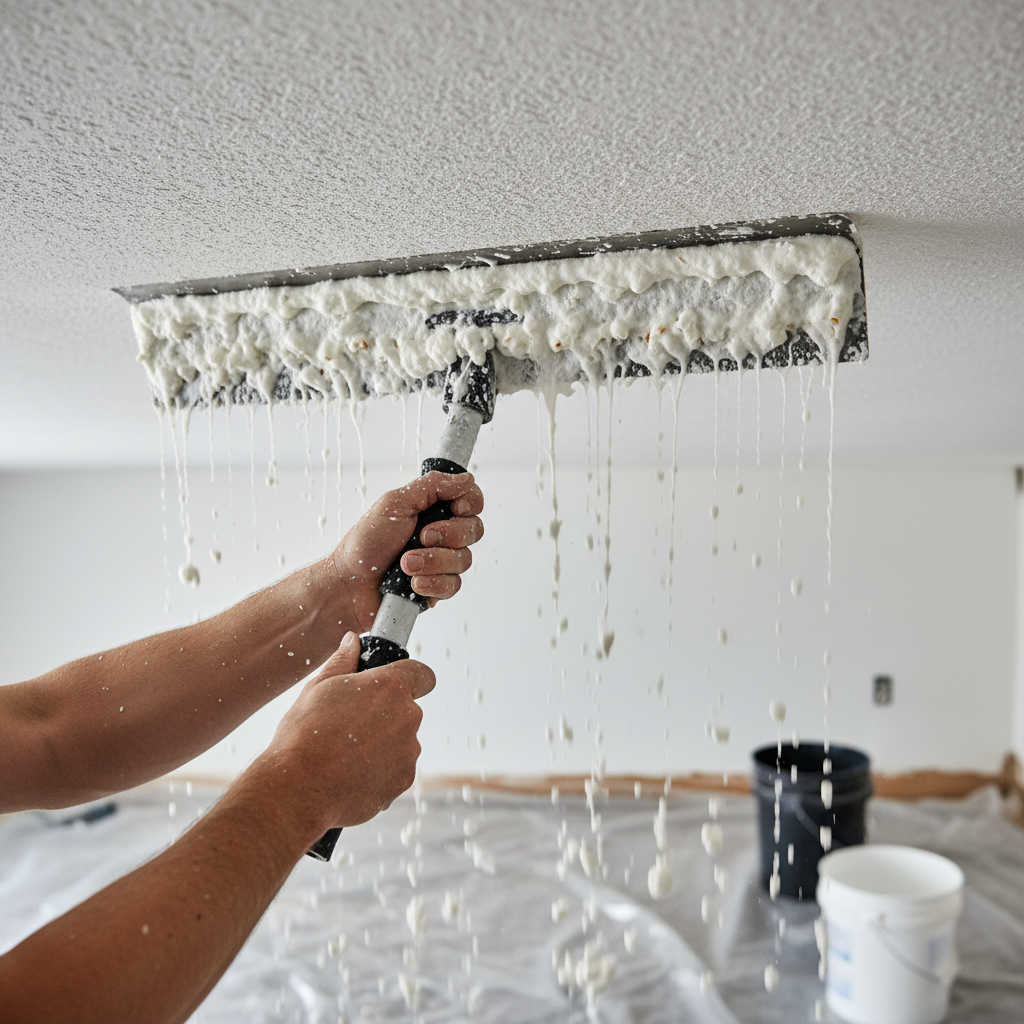 Close-up of ceiling scraper tool removing wet popcorn texture in smooth strokes
