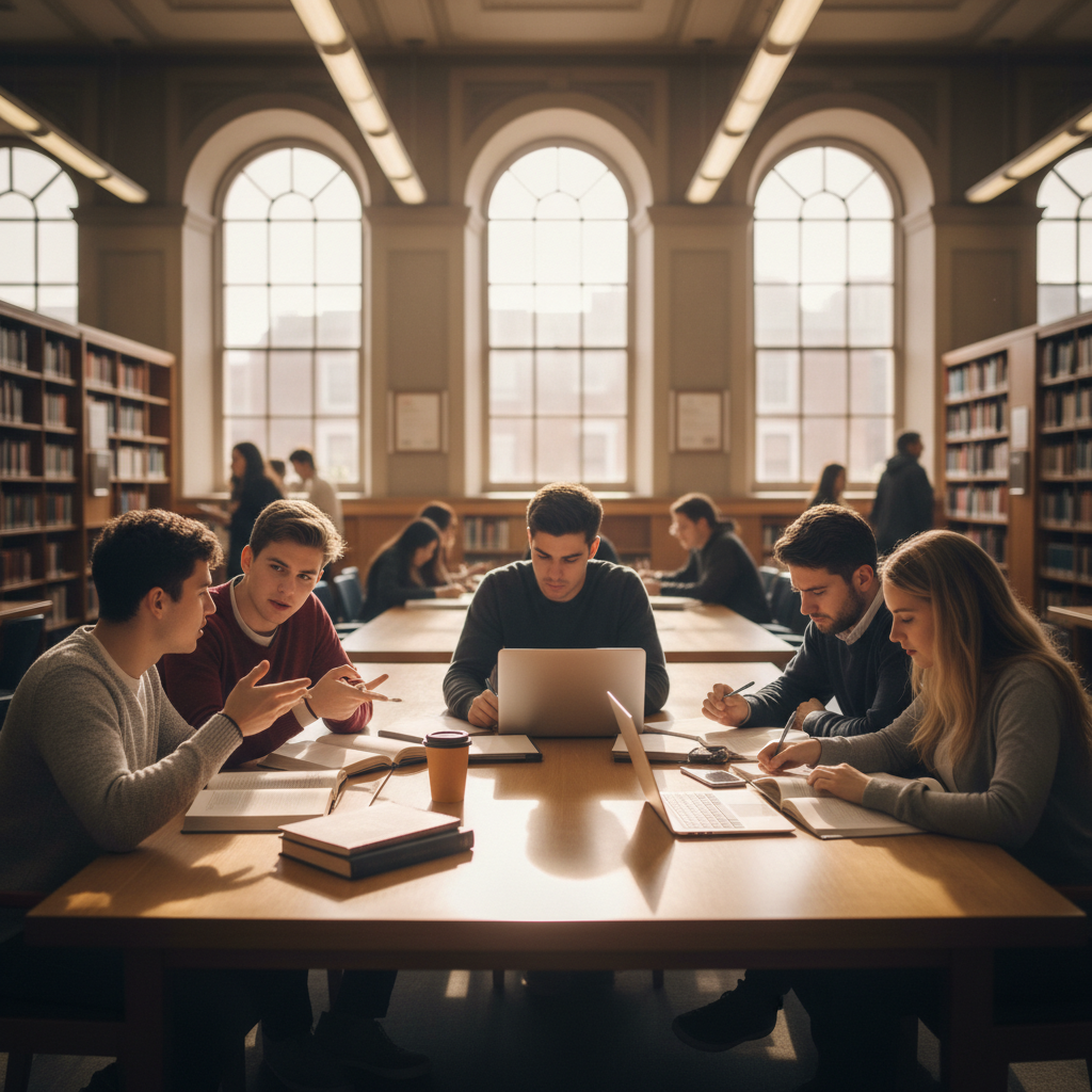 Students studying together in a bright library with bookshelves and natural light