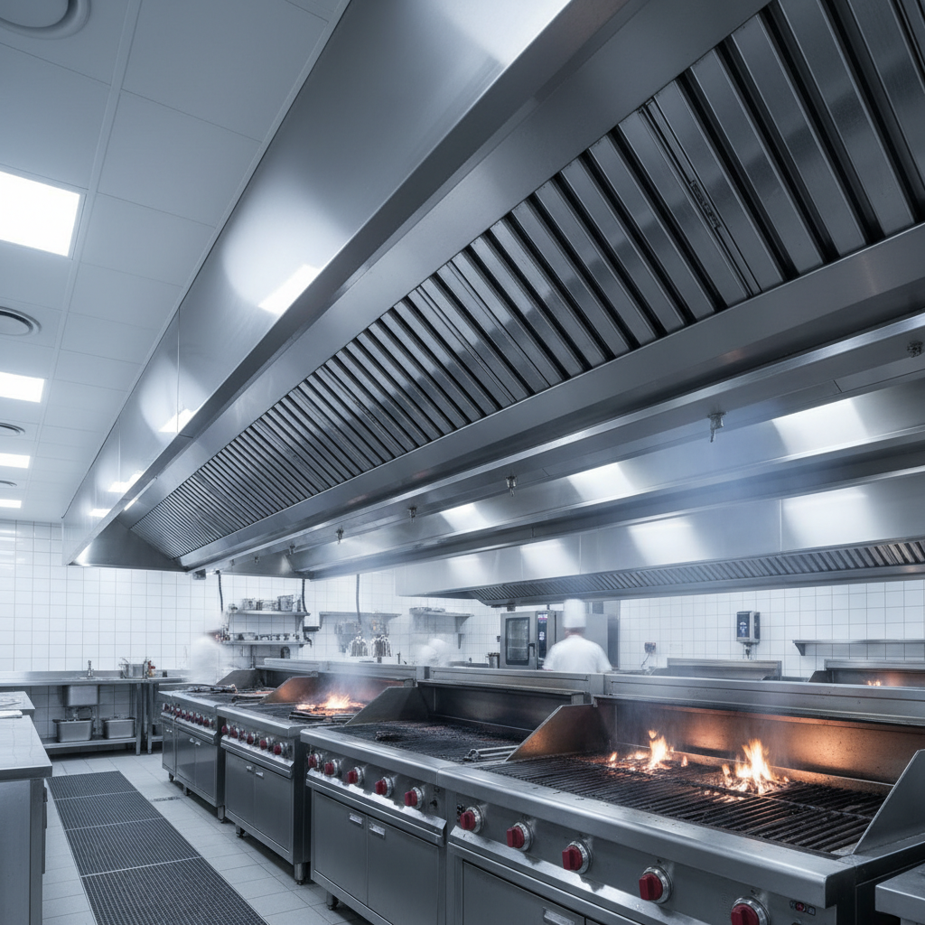 Stainless steel commercial exhaust hood over BBQ grills, polished baffles, clean ventilation system in a BBQ restaurant