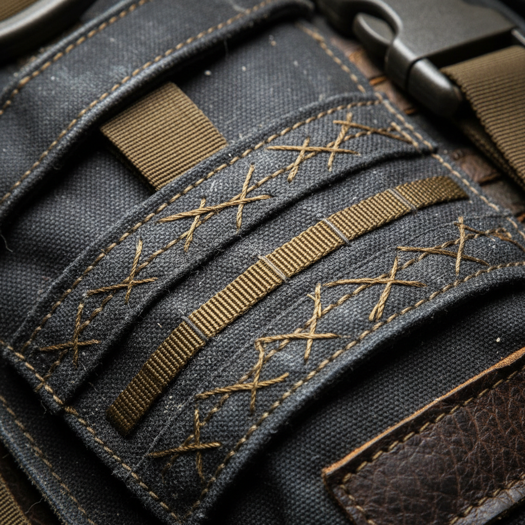 Macro detail of reinforced stitching on backpack strap in high contrast showing durability