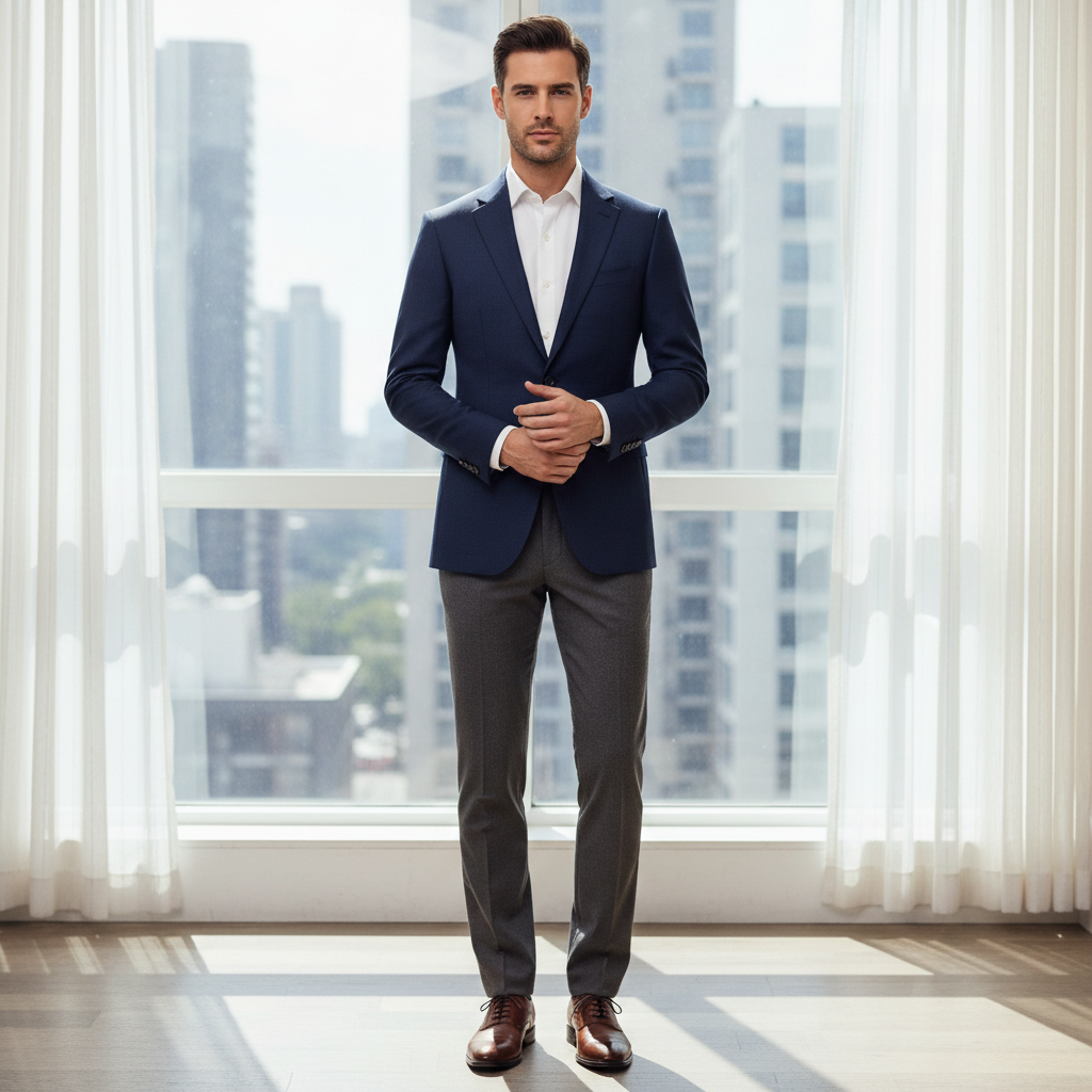 Navy slim-fit blazer on a well-dressed man at a formal event