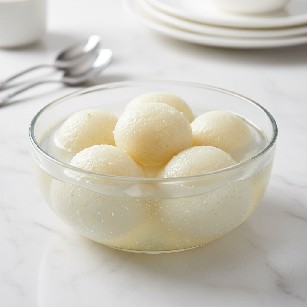 White spongy rasgolla Bengali sweet in sugar syrup in a box