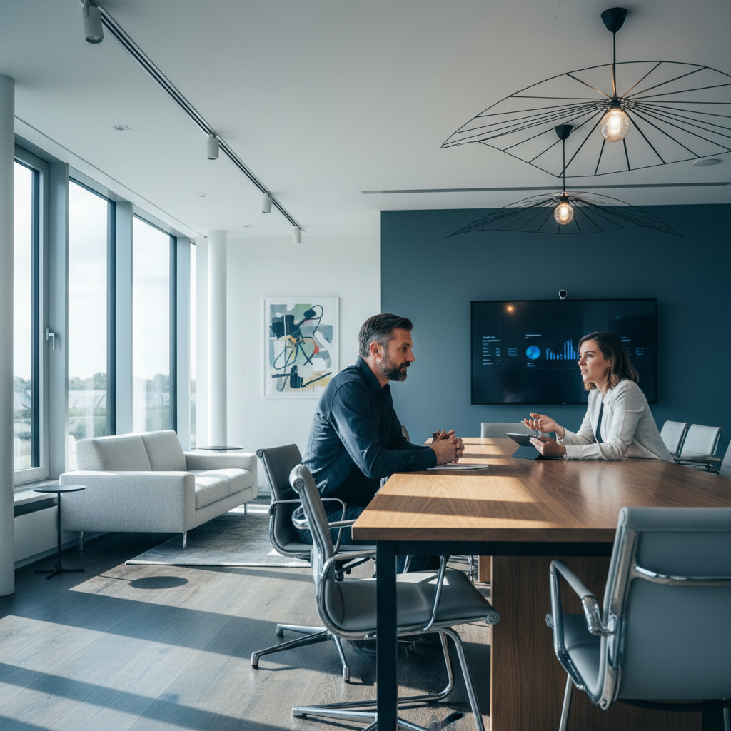 Professional business meeting, two people in conversation, bright modern office, natural daylight, open airy atmosphere
