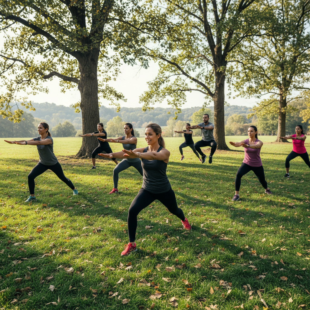 Group of coaches doing an outdoor movement session in nature