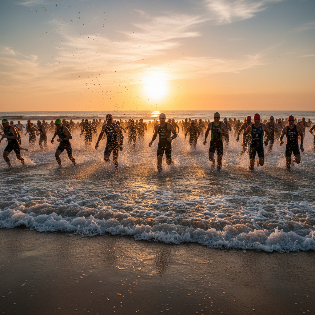Athletes running into the sea at a triathlon start, water splashing around their legs at sunrise