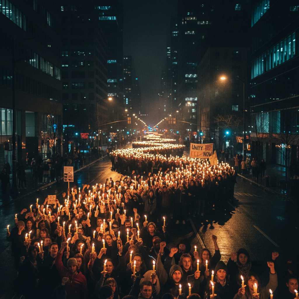 Night rally with hundreds of motorcycles, headlights creating river of light, festival energy