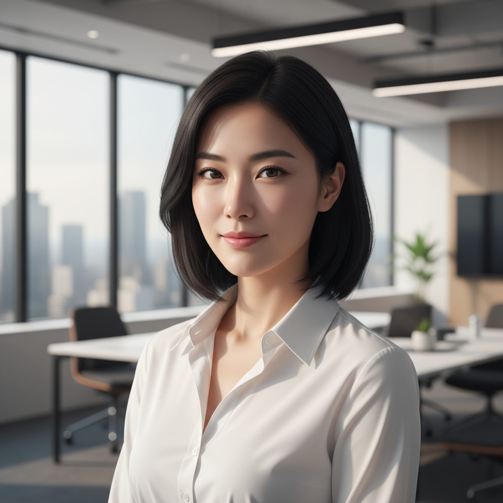 Professional portrait of Asian woman with shoulder-length hair wearing white blouse in modern office setting