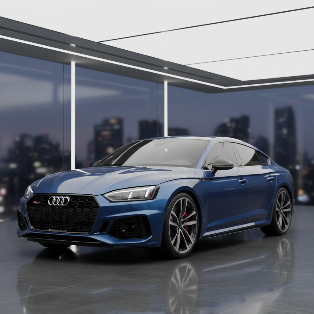 Pristine Audi RS5 Sportback under flat clinical dealership lighting, showroom condition