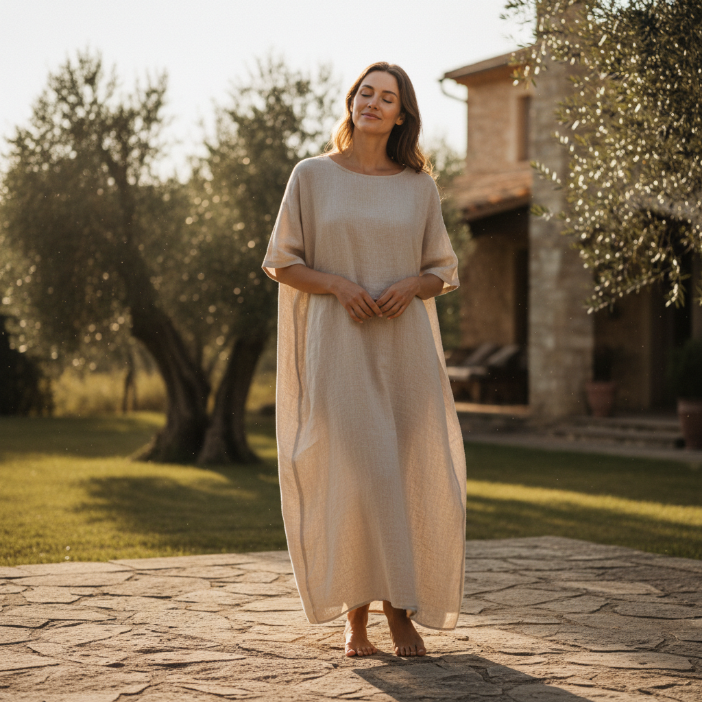 Woman in relaxed linen column dress, natural drape, afternoon light