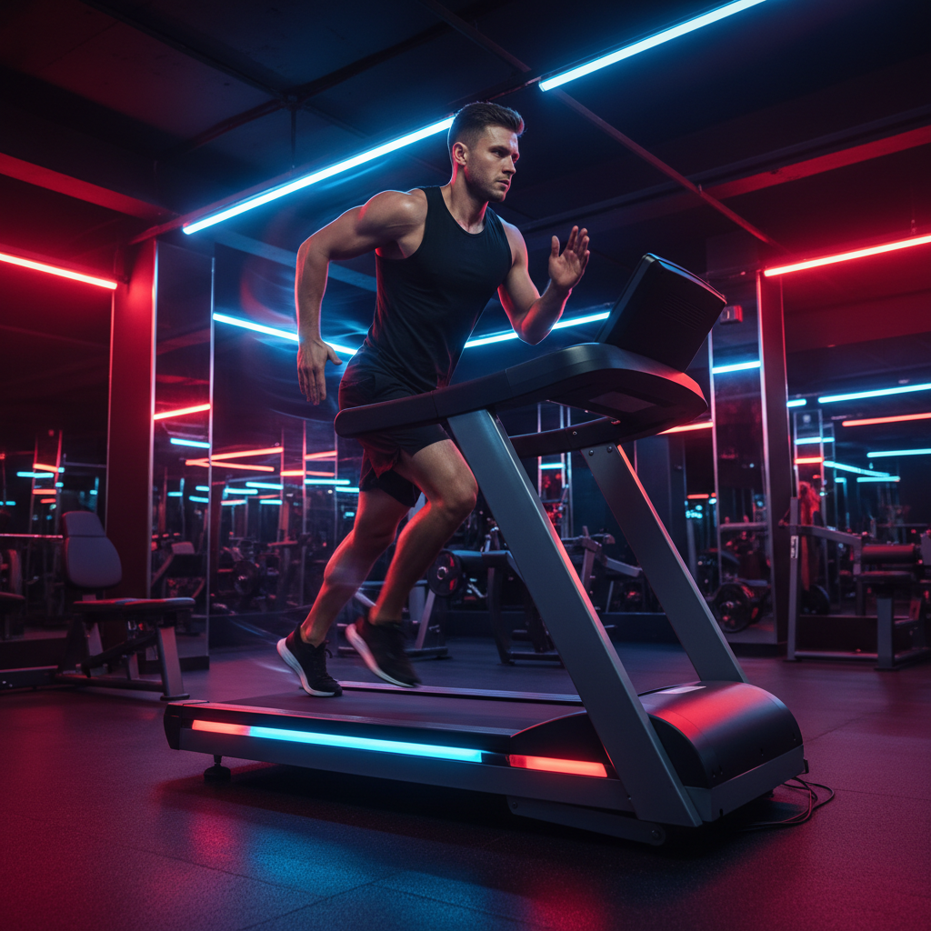 Person running on a treadmill in a modern gym with motivational lighting