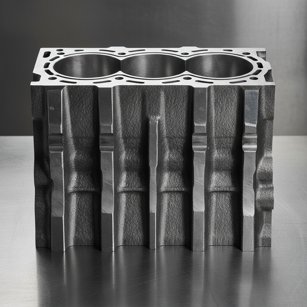 Chevrolet LS7 V8 engine block on an engine stand in a machine shop showing freshly machined cylinder bores and clean aluminum surfaces
