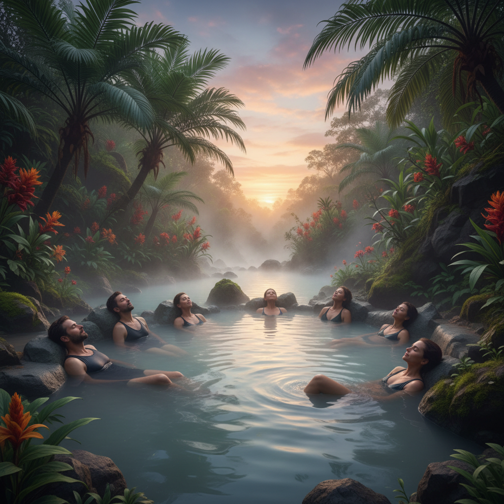 Group of travelers soaking in natural volcanic hot spring pool surrounded by tropical vegetation at dusk