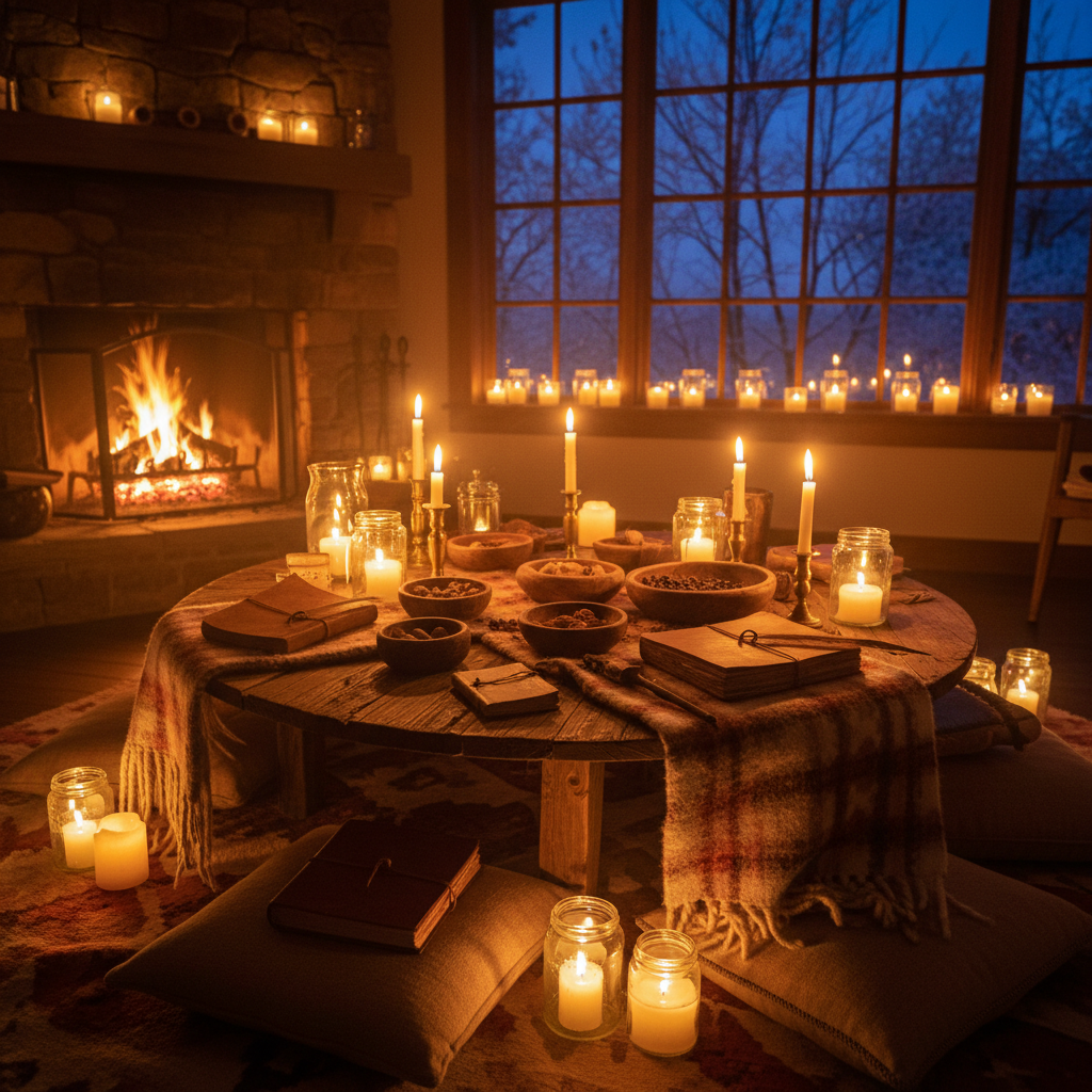 Intimate poetry reading venue with candlelight, dark moody atmosphere, warm amber tones