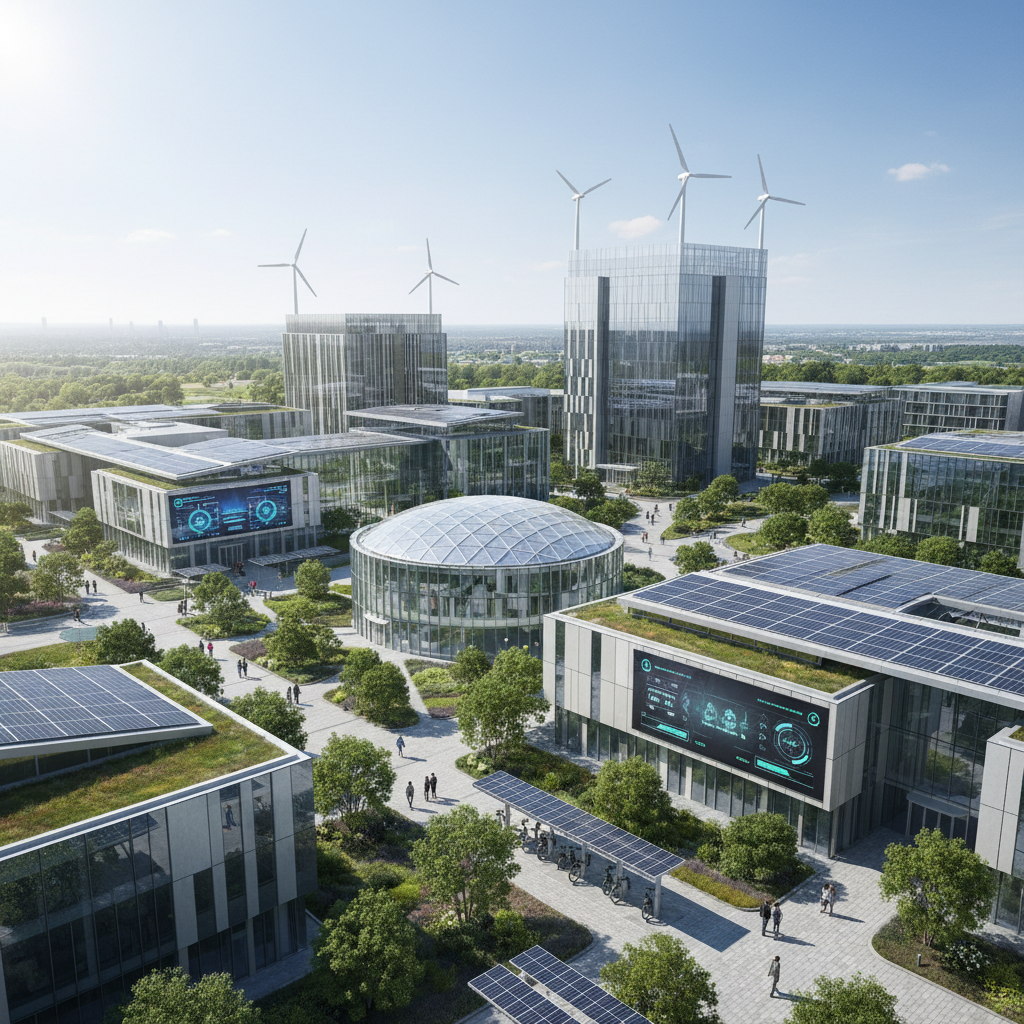 Massive rooftop solar panel installation on modern IT campus building with clear blue sky