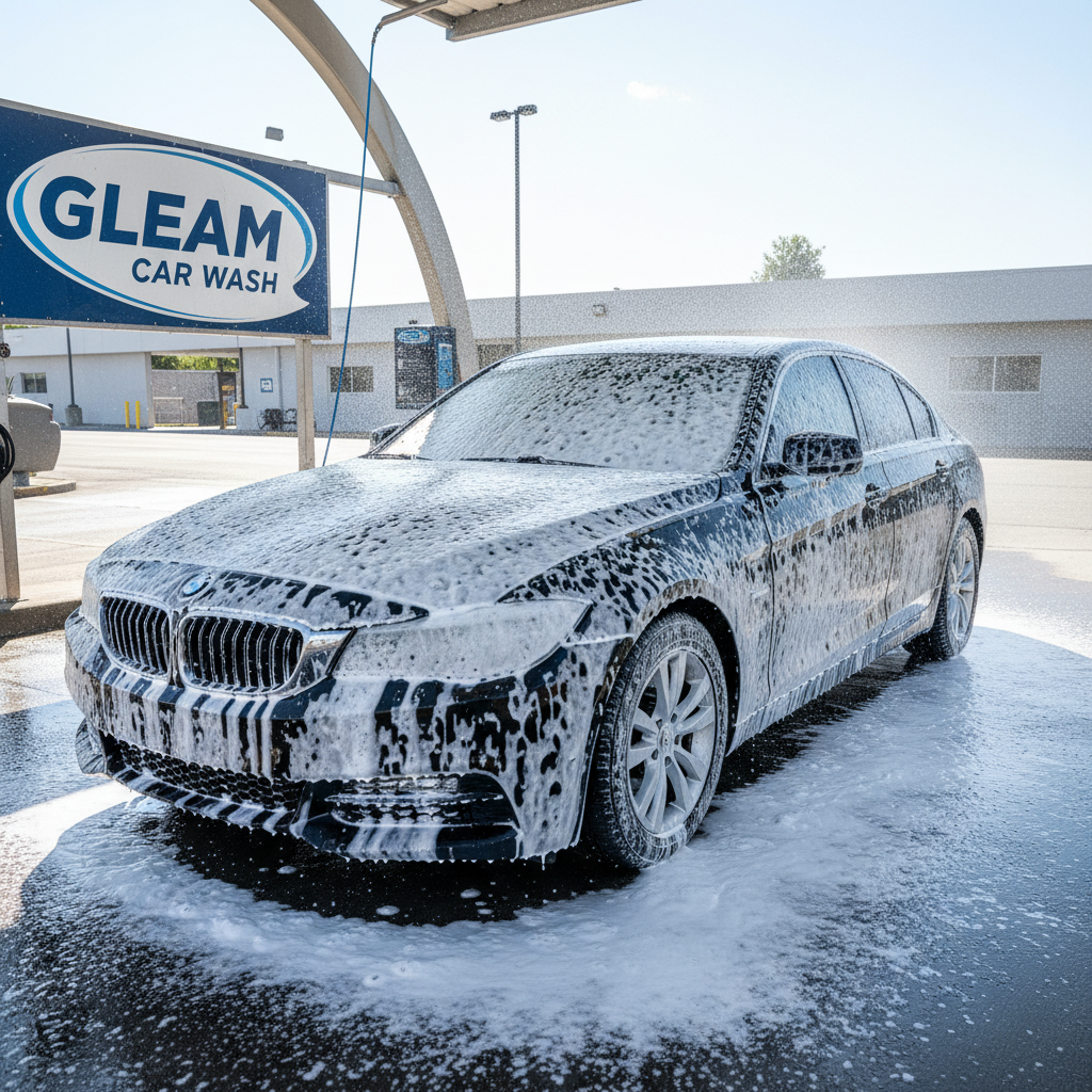Dense foam cannon snow covering a dark sedan during a Gleam car wash service