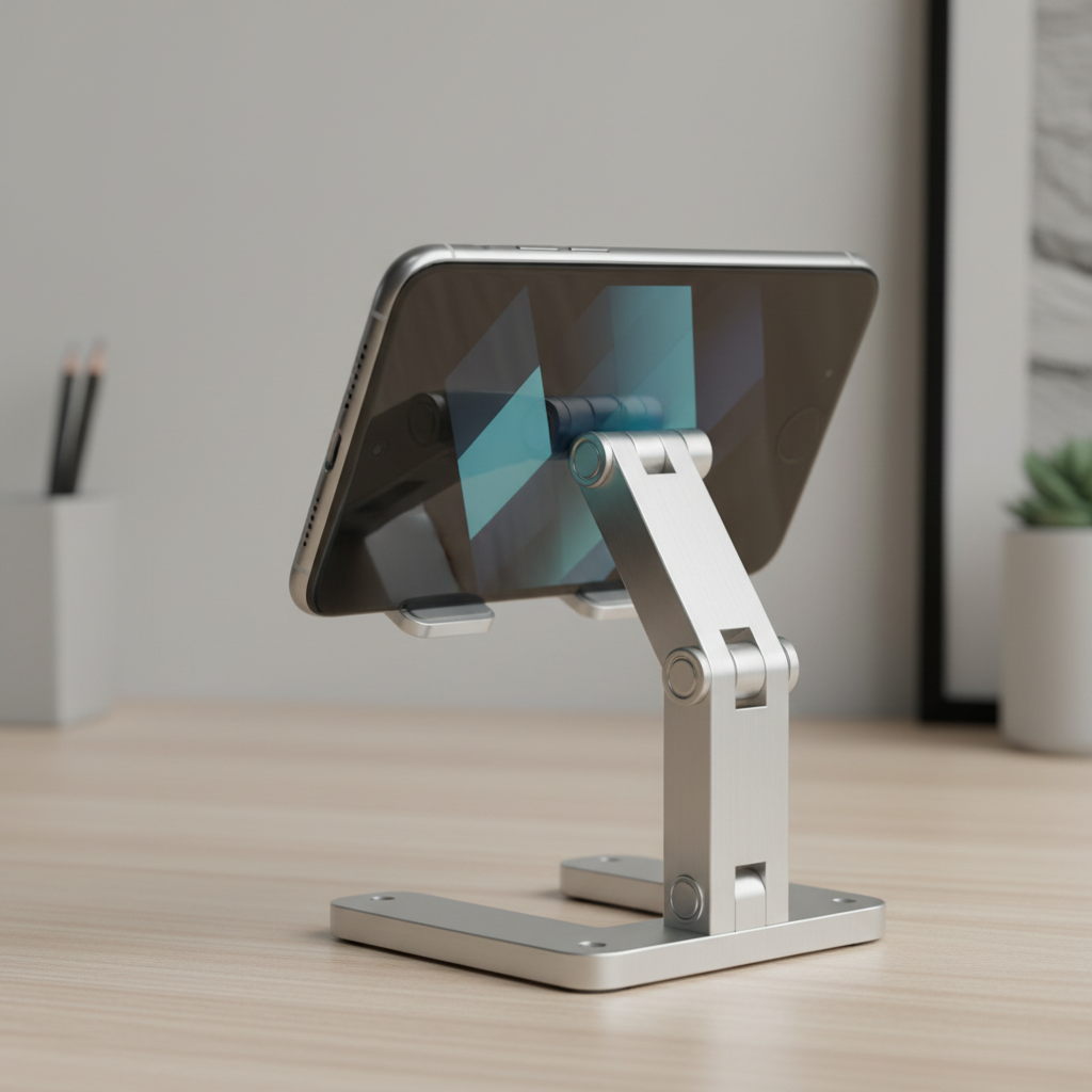 Adjustable phone stand holding smartphone on desk