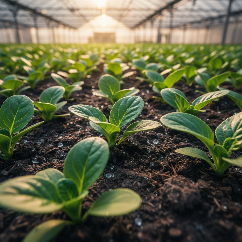 Healthy green crop seedlings with strong root development in agricultural field, bright natural daylight
