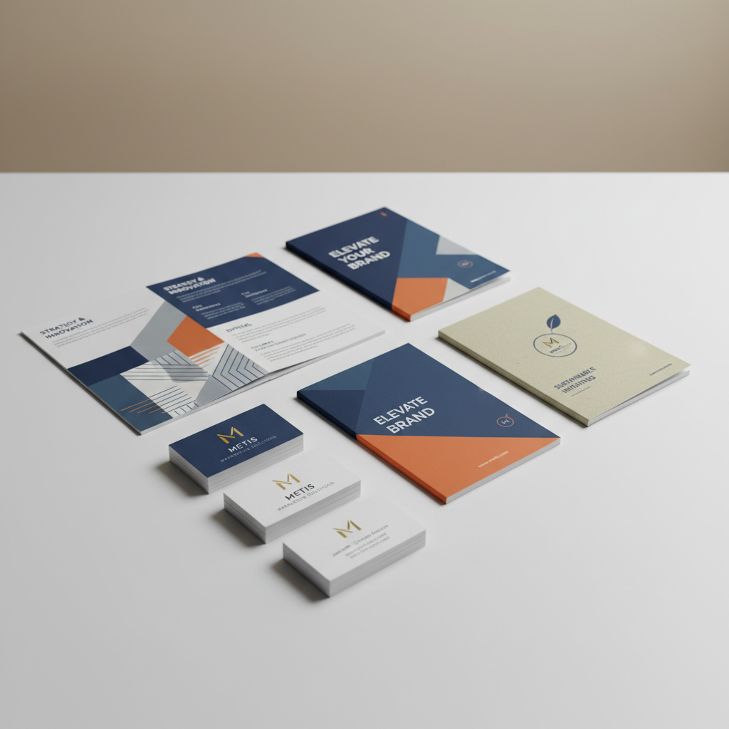 Professionally printed marketing brochures, flyers, and catalogs spread on bright white desk, high quality print collateral display