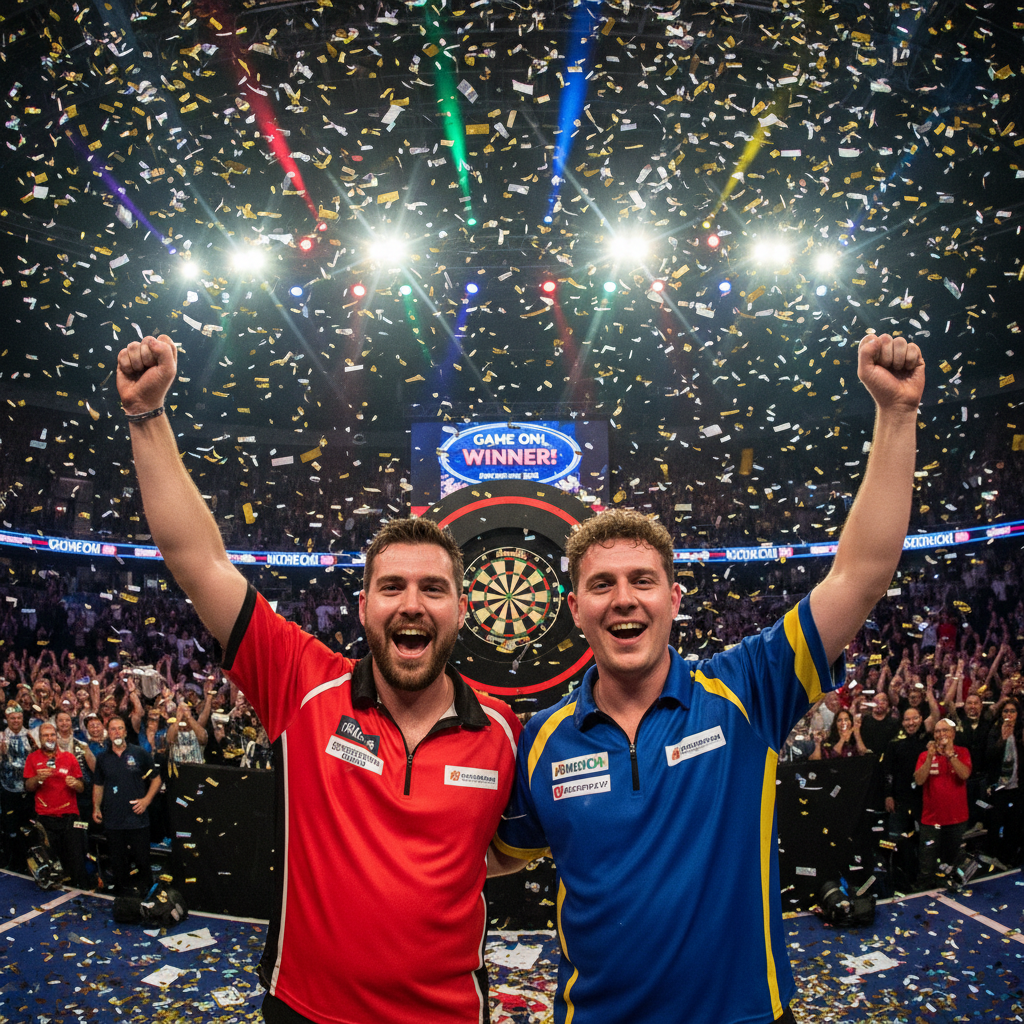 Two darts players celebrating with raised fists in front of a dartboard, festive venue lighting