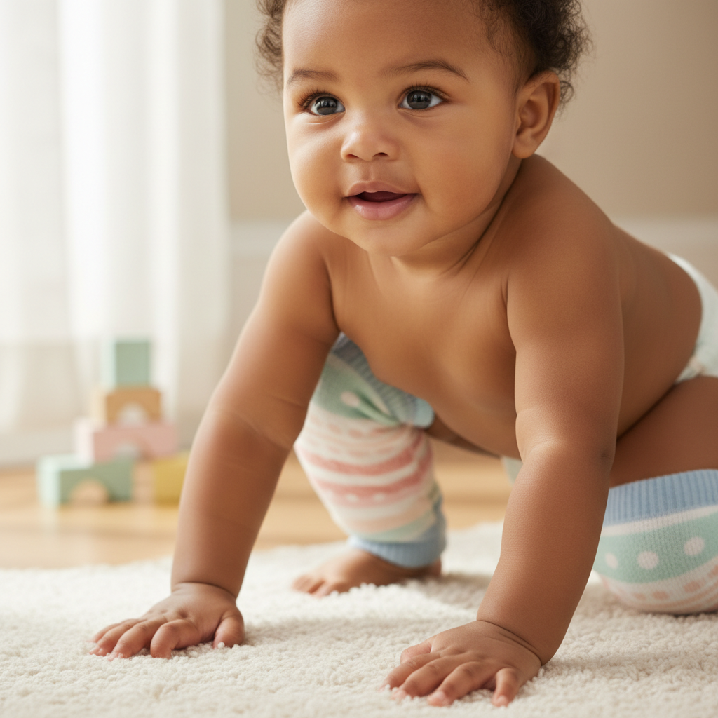 Cute baby knee pads in soft pastel colors worn by Nigerian baby learning to crawl