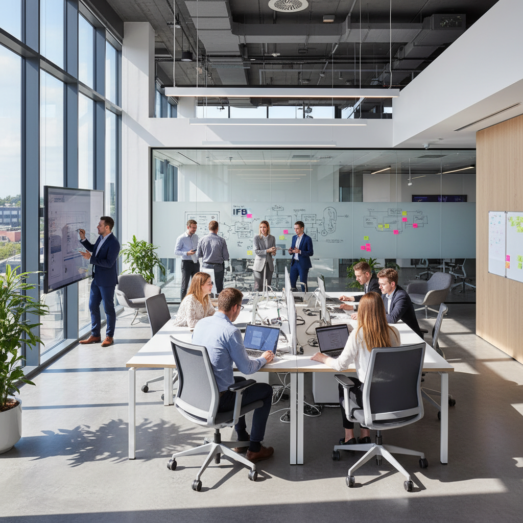 Professional team in bright modern office, clean white walls, natural daylight streaming through large windows, warm collaborative atmosphere
