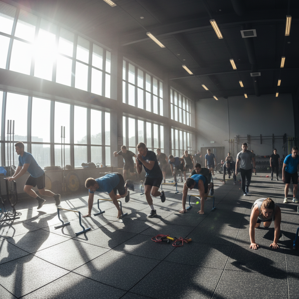 Athletes doing conditioning drills in a gymnasium during summer training camp