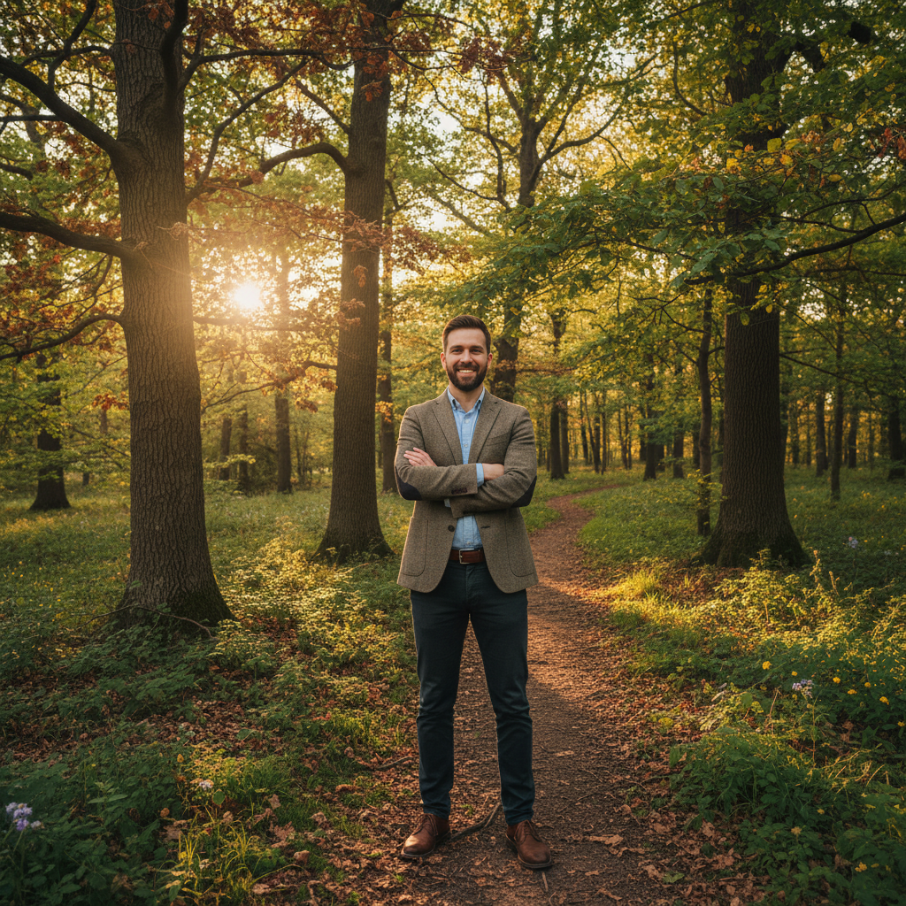 Educator man outdoors in natural setting with trees in background warm afternoon light