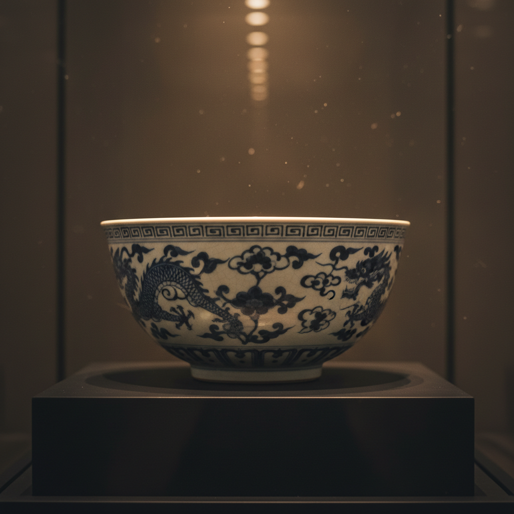 Blue and white Chinese export porcelain vase on museum plinth, soft gallery lighting