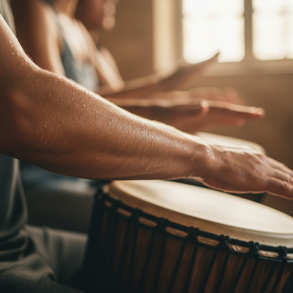 Sweat on forearms during an intense djembe drum workshop