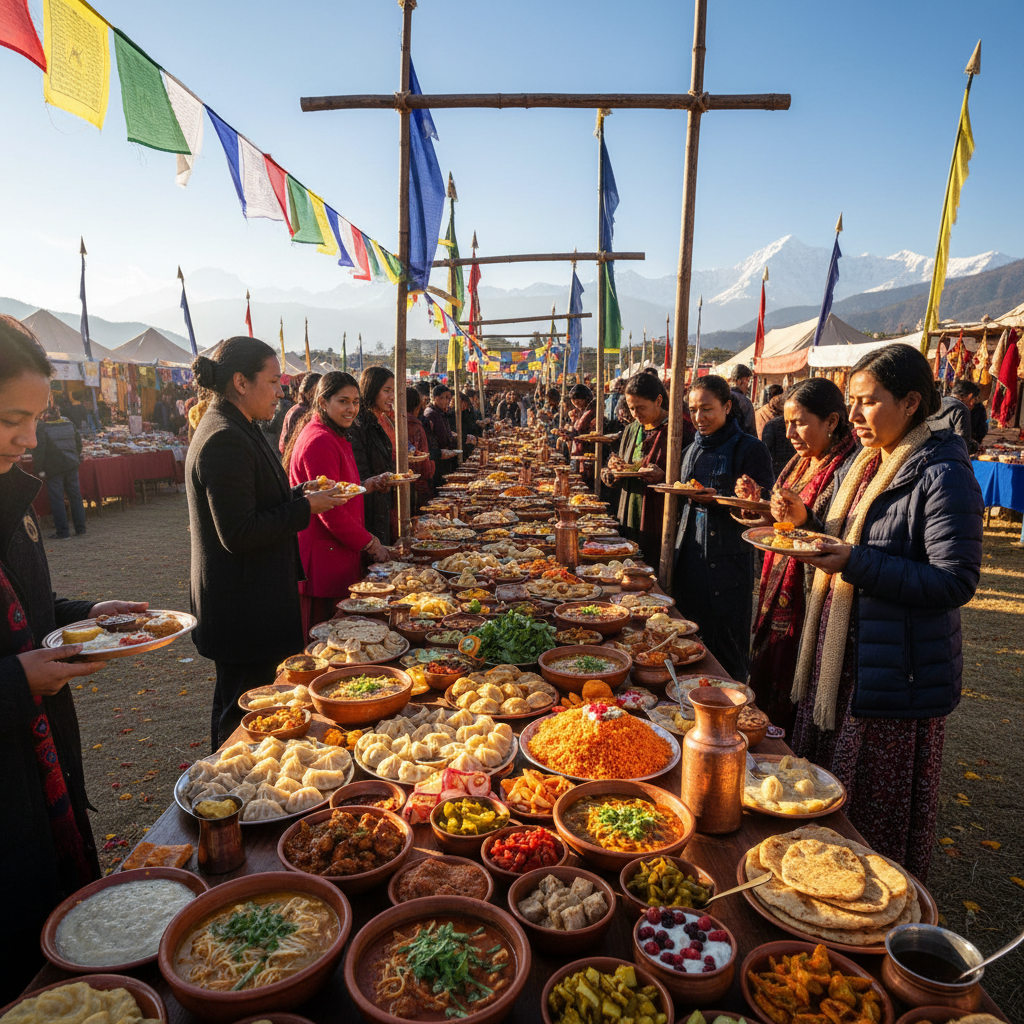 Long banquet table at an outdoor cultural festival with Himalayan food spread