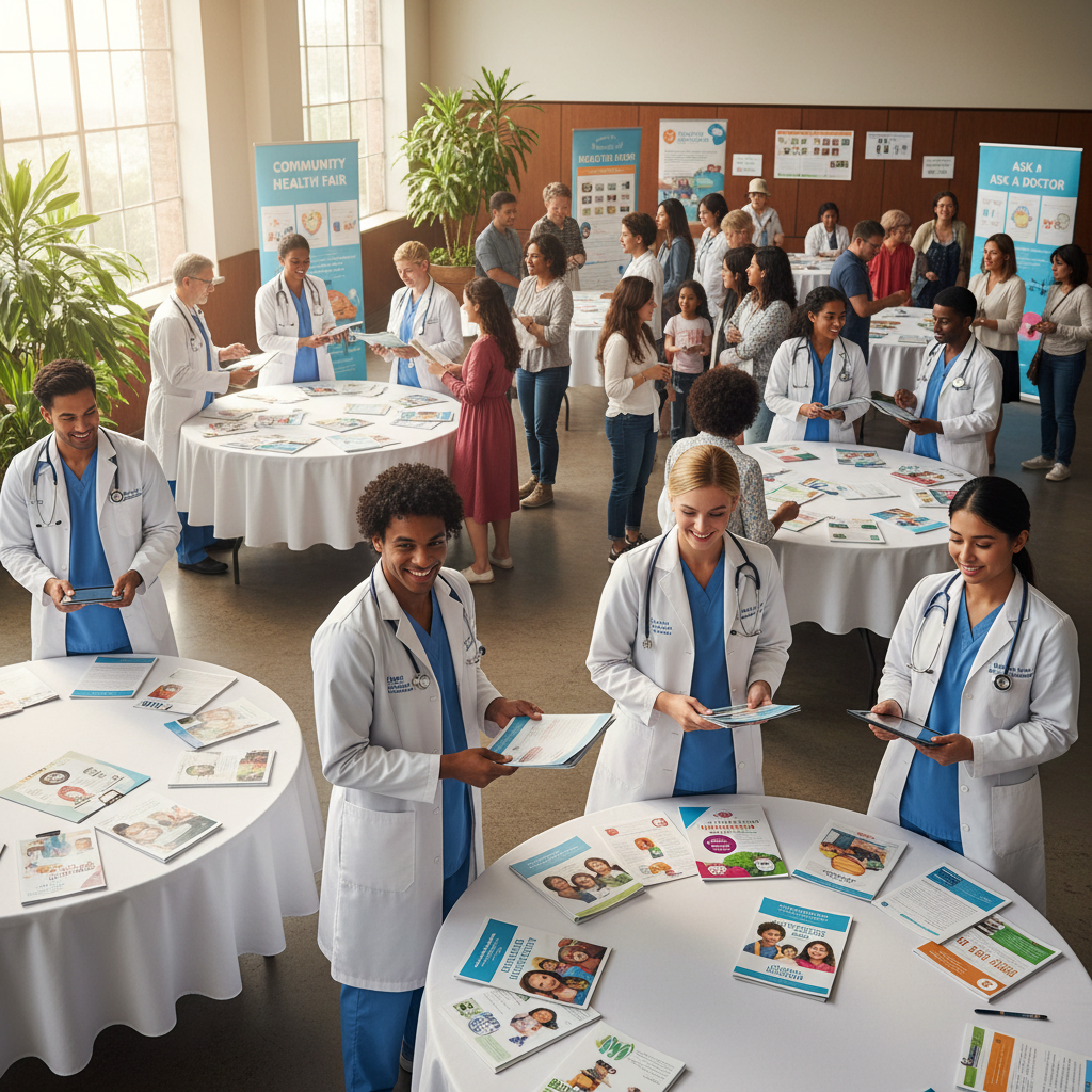 Doctor in white coat explaining health information to patients in a community health education session