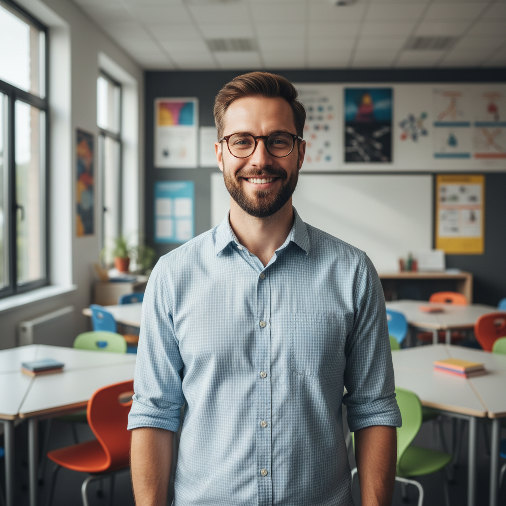 Professional male teacher with warm smile wearing smart casual attire in a classroom environment