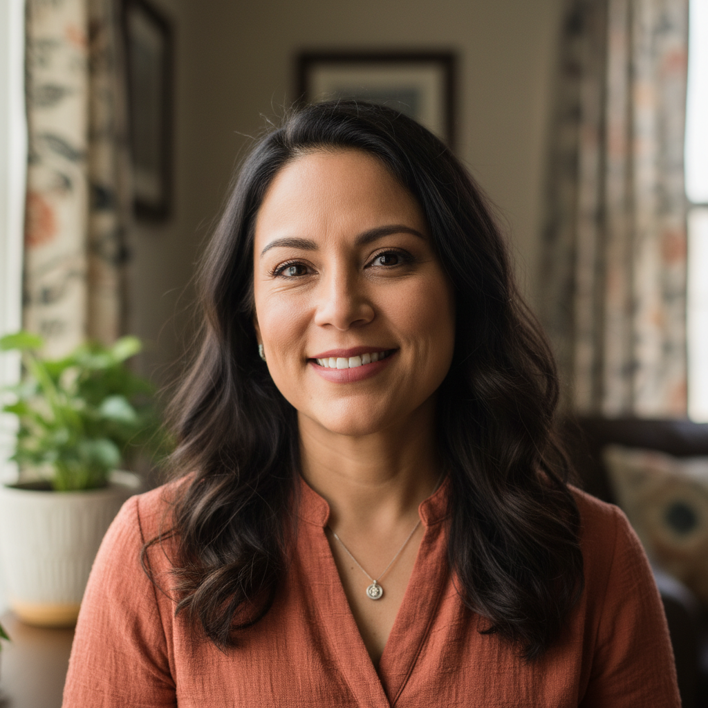 Latina woman with dark hair smiling warmly, soft indoor lighting