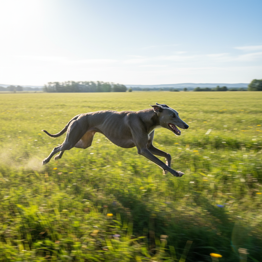 Three-legged greyhound mid-sprint across a sunlit field, ears flat with speed and joy