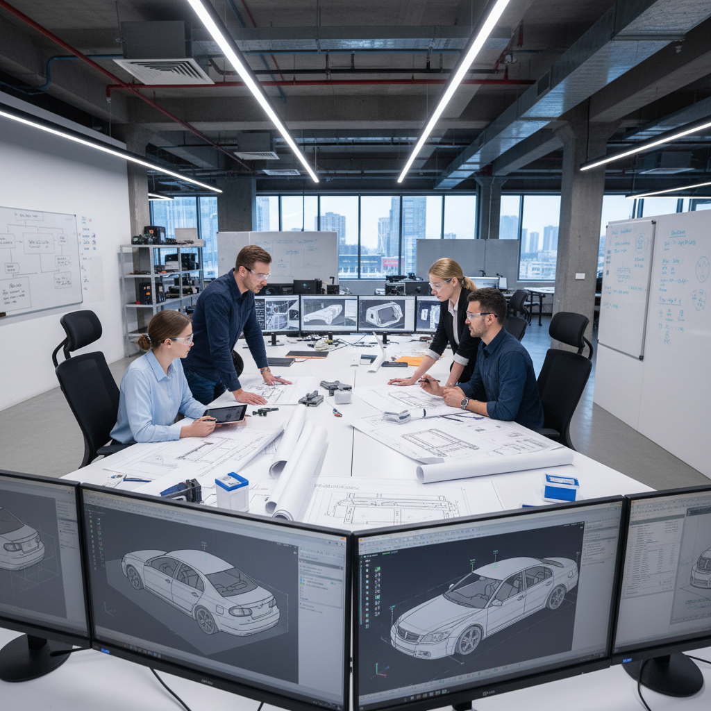 Engineering team reviewing CAD designs and technical specifications for plastic component manufacturing