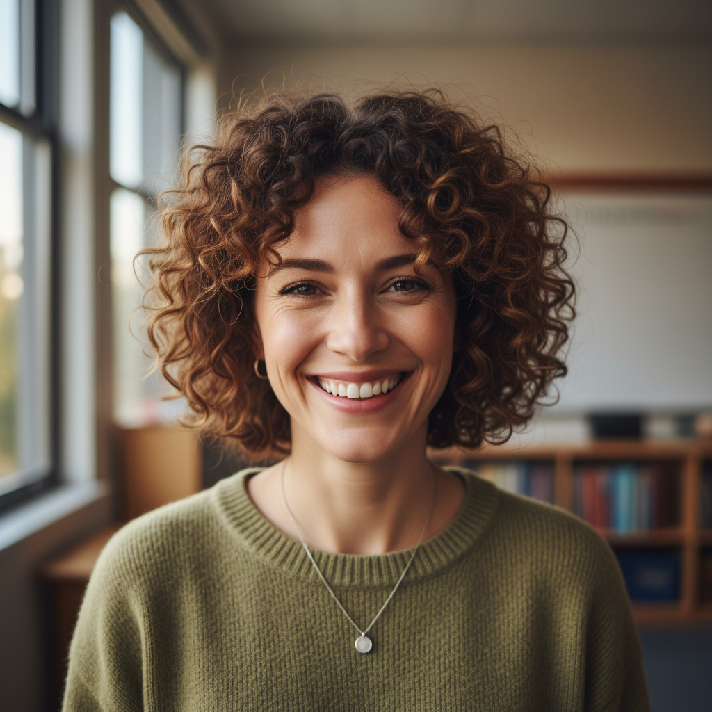 Female teacher with natural hair smiling broadly