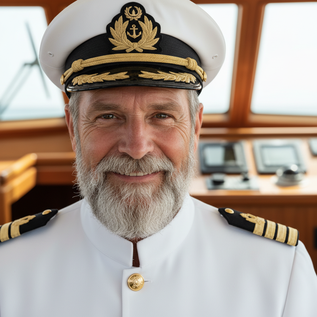 Distinguished handsome man with beard in naval captain uniform standing confidently on luxury yacht deck