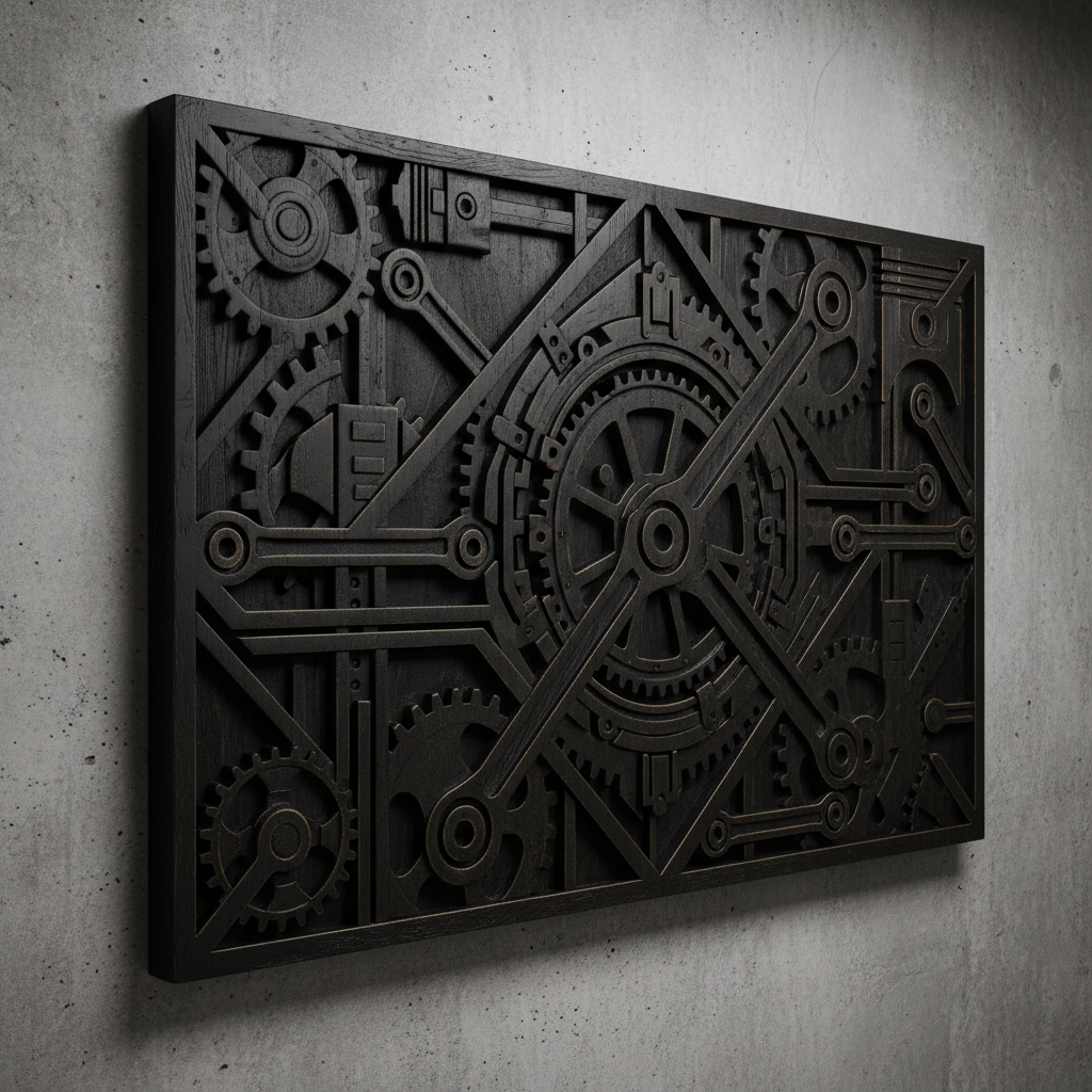 Large-format CNC carved wooden wall art with geometric forest pattern in natural oak with dark stain finish