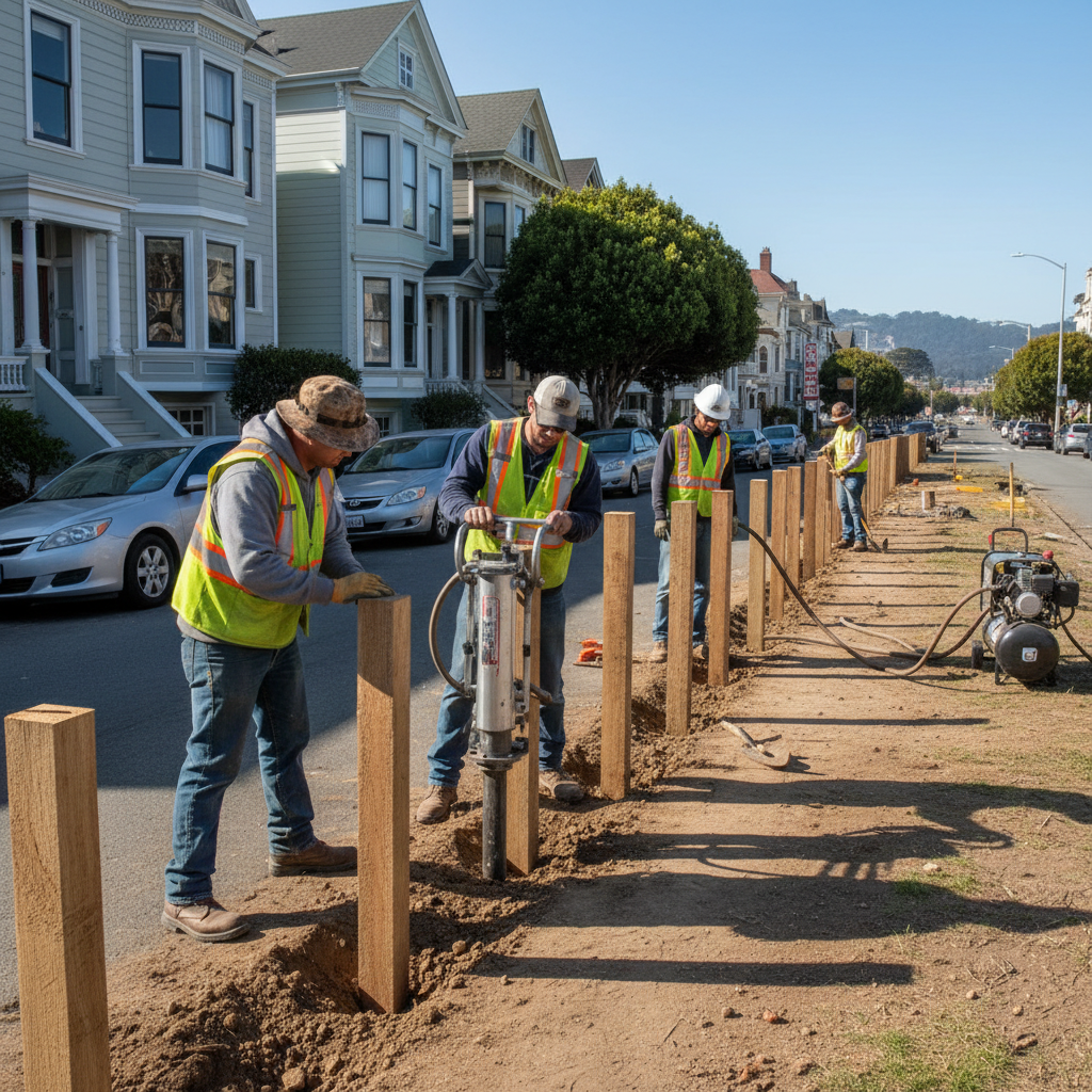 Setback crew members installing wooden fence posts using pneumatic driver on San Francisco residential street