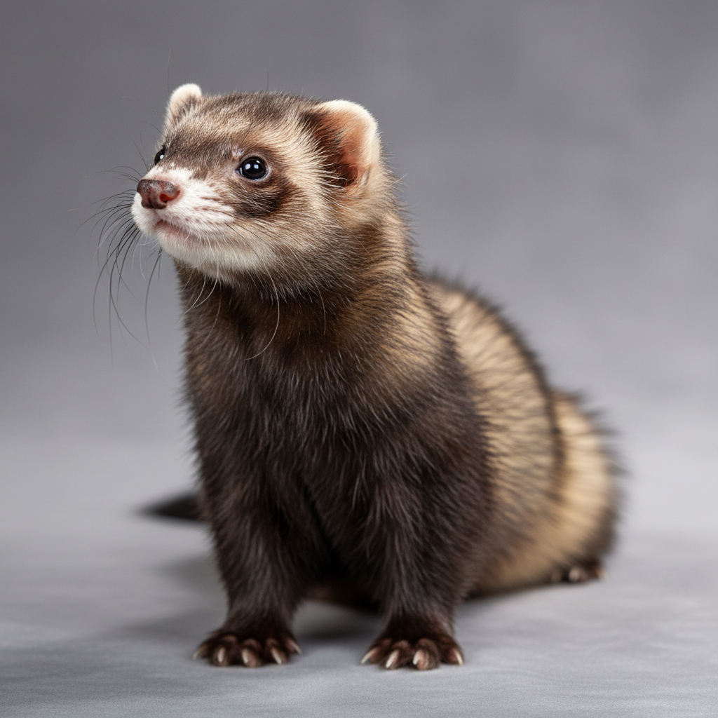 Remy the ferret with exceptional coat quality in a show pose