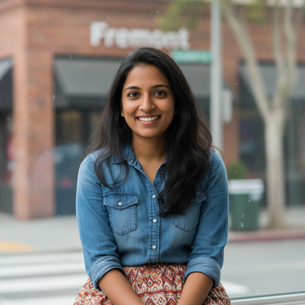 Sneha Nair, South Indian woman smiling, outdoor adventure background