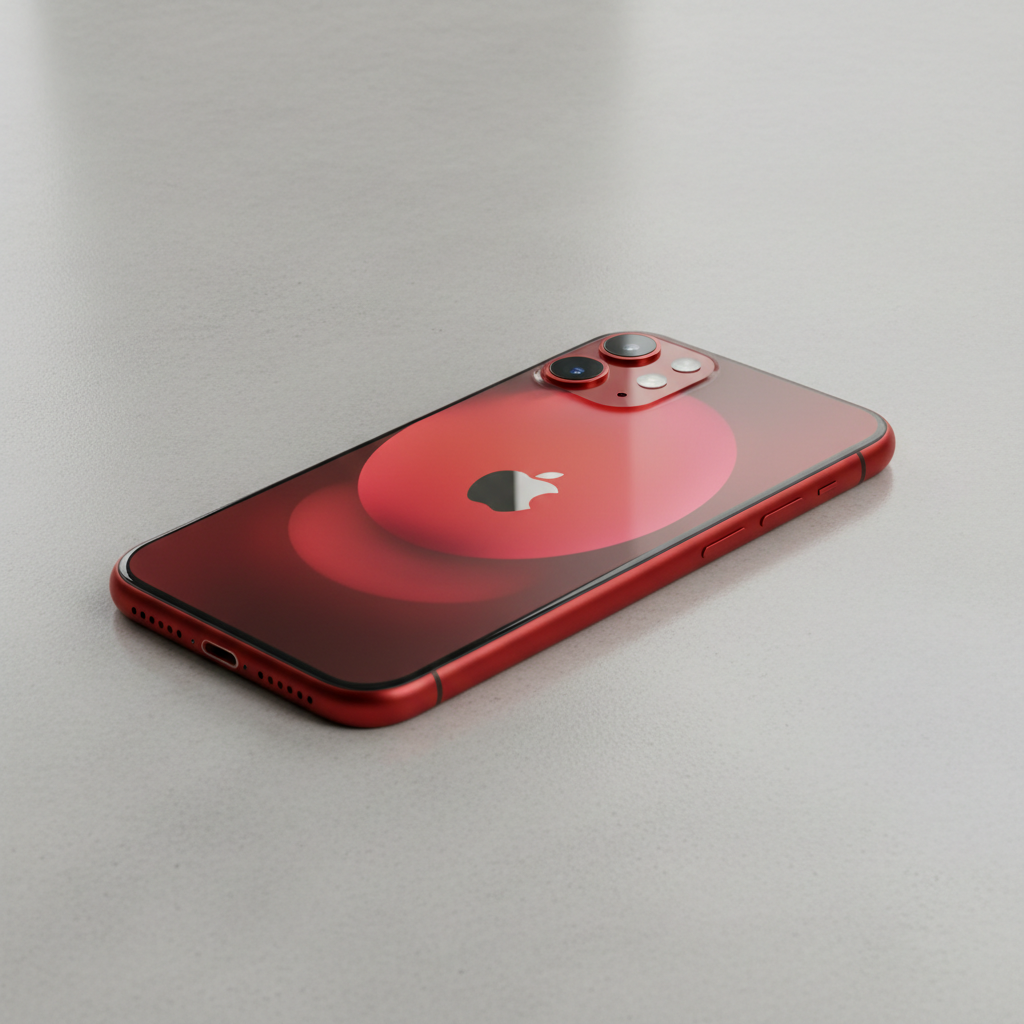 iPhone 15 in red color on white surface showing compact design